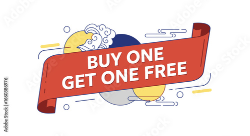 Red ribbon banner announces a "Buy One Get One Free" sale, featuring stylized clouds and circles.