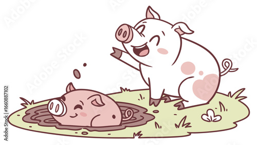 Cartoon pigs playing in the mud together happily outdoors.