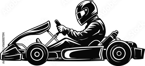 Black and white illustration of a go kart racer in a helmet driving a go kart