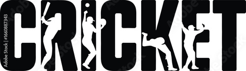 Silhouette of cricket players in action integrated into the word cricket