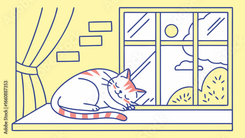 Cat resting on windowsill with open window and curtain.