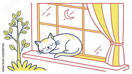 Cat sleeping peacefully on a windowsill at night with moon visible outside.