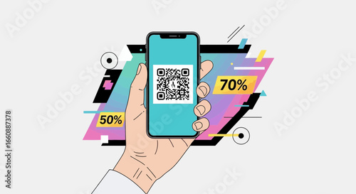 Hand holding smartphone displaying QR code with discount offers.