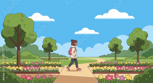 A person with a backpack walks along a path in a vibrant park, enjoying the sunny day.