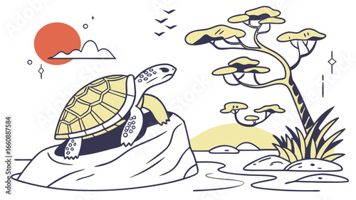 Turtle resting on a rock in a serene natural setting.