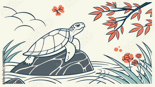 Serene illustration of a turtle on a rock surrounded by foliage and butterflies.
