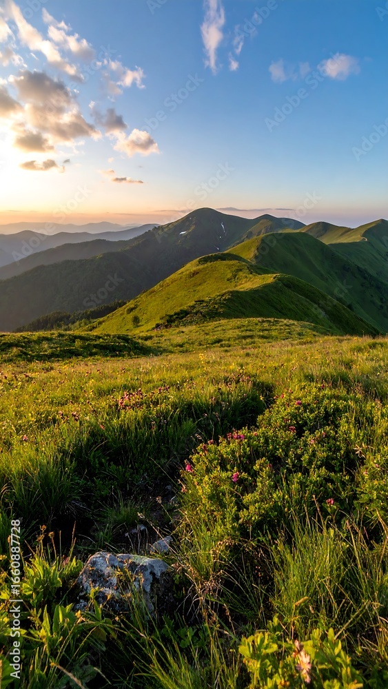 Fototapeta premium Lush mountain meadow at sunrise