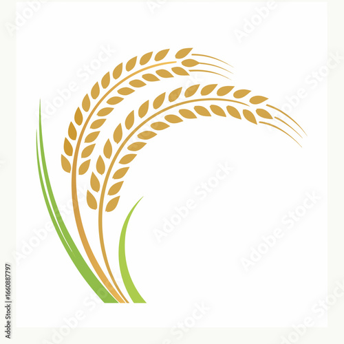 Golden wheat ears with green leaves on white background