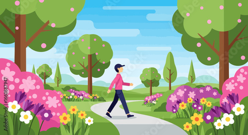 Person enjoying a peaceful stroll through a vibrant spring park, surrounded by blossoming trees and flowers.