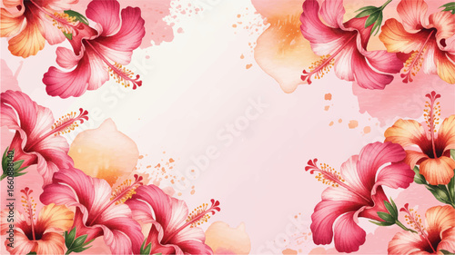 Watercolor Hibiscus Flowers Border with Soft Pink and Orange Hues floral painting
