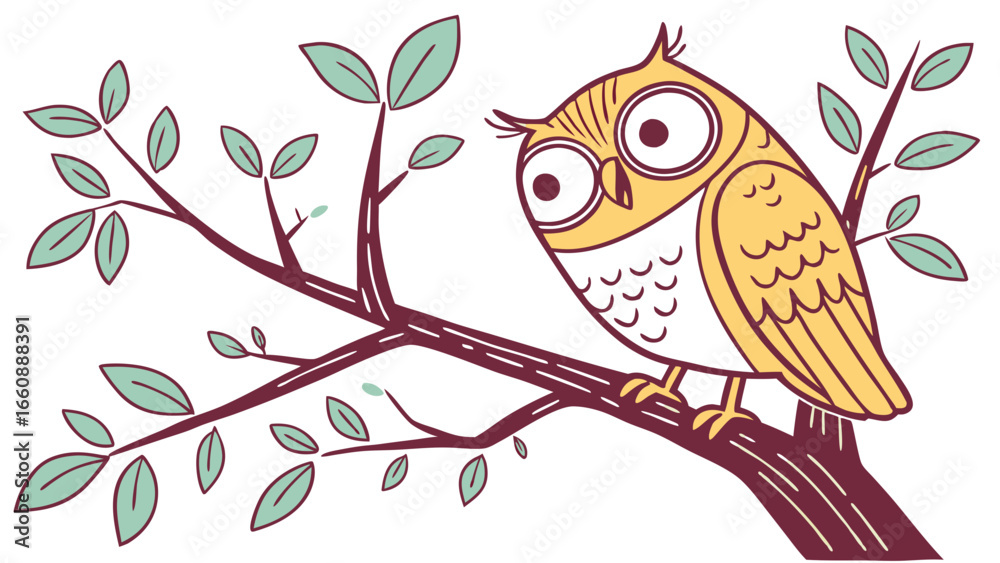 Fototapeta premium A cartoon owl perched on a tree branch with leaves.