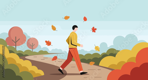 Autumnal park scene with a person walking a path.