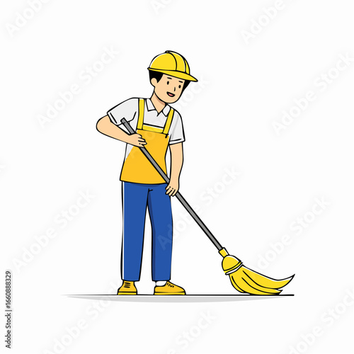 A cartoon man sweeping with a broom.