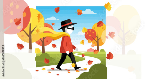 Stylish man strolling autumn path, leaves falling, vibrant colors.