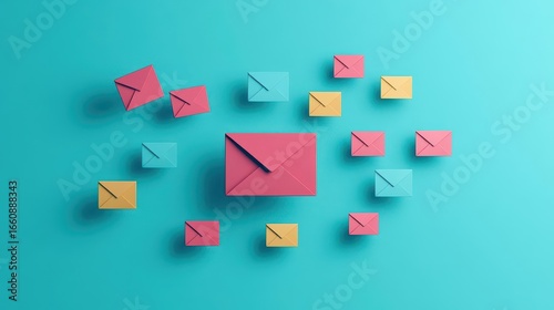 Free Download Colorful paper envelopes scattered on vibrant turquoise background with shadows creating a playful and modern artistic composition for communication themes - GFXLoad