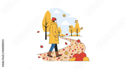 A person in a yellow coat walks along a winding path covered in autumn leaves, with trees and clouds in the background.