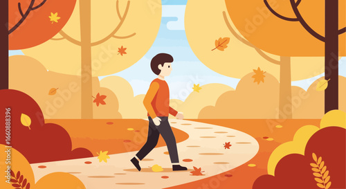 Young man strolling autumn path, vibrant fall foliage, leaves falling.