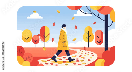 A person walks along a winding path in autumn, surrounded by colorful trees and falling leaves.