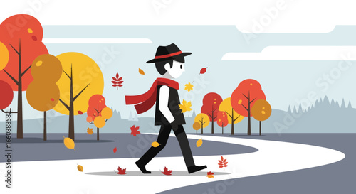 A cartoon figure strolls along a winding path, surrounded by autumn trees and falling leaves.