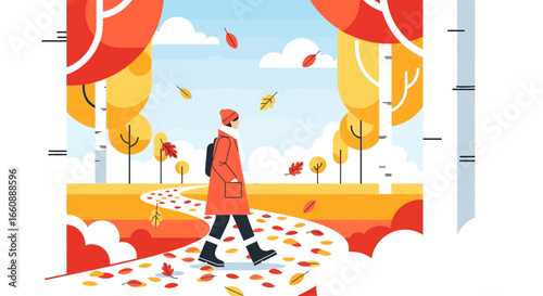 A person in a red coat walks along a leaf-strewn path in an autumn park with colorful trees and a bright blue sky.