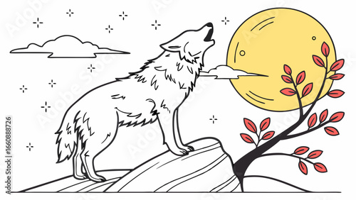 Wolf howling at the full moon under starry sky.