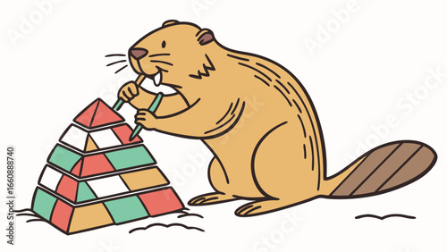 Cartoon beaver building a pyramid with colorful blocks.