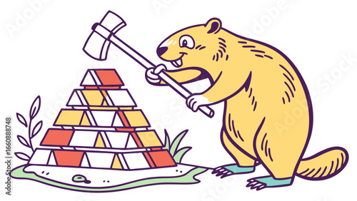 A cartoon beaver building a pyramid with a mallet.