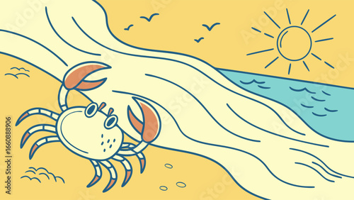 Crab on the sandy beach with ocean waves and sunshine.