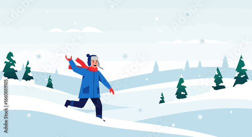 A child in a blue coat and red scarf joyfully throws a snowball in a snowy winter landscape with evergreen trees.
