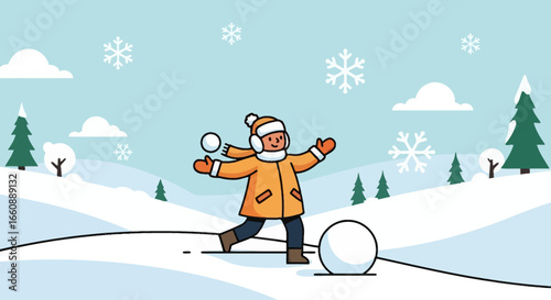 A child plays with snowballs on a snowy landscape, winter fun.
