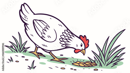 White chicken pecking at food on the ground.