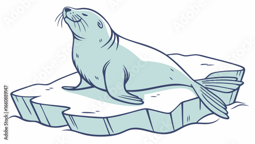 Seal resting on ice floe in polar landscape.