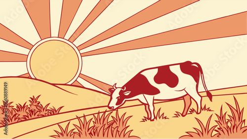 Serene cow grazing in a sunny field landscape illustration.