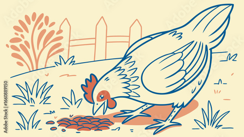 A chicken pecking at the ground in a garden with a fence.