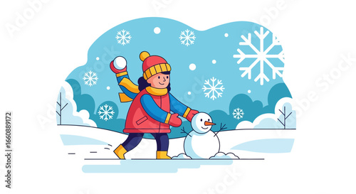 Happy girl building a snowman and playing in the snow during a winter snowfall.