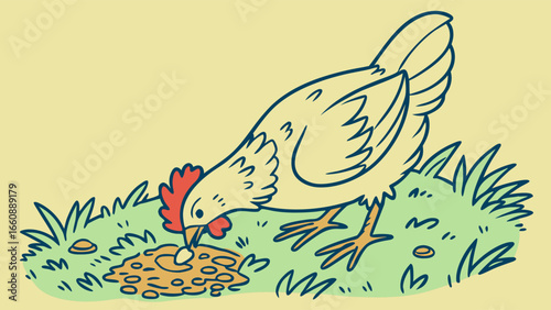 Chicken pecking at food on the grass.