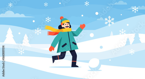 Smiling child running through snowy landscape, playing in winter.