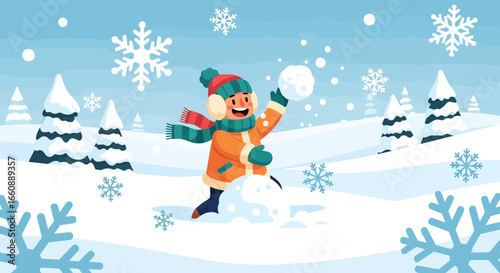 A cheerful child in winter clothing plays in the snow, preparing to throw a snowball, surrounded by snowy hills and snowflakes.