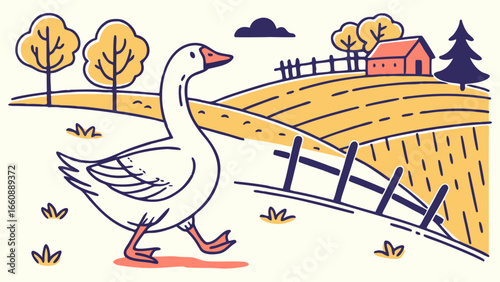 A white goose walking in a rural landscape with a farmhouse.