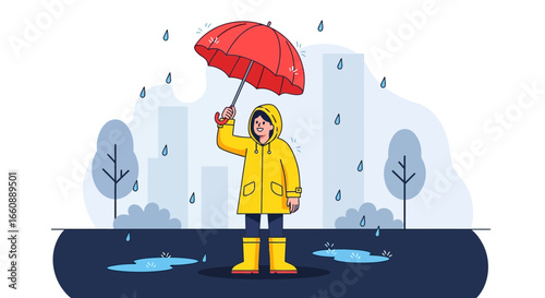 A person in a yellow raincoat and boots stands under a red umbrella in the rain, with city buildings and trees in the background.
