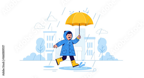 Child in a raincoat and boots joyfully walking in the rain with an umbrella.