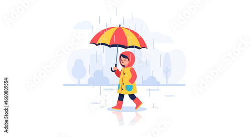 A child in a raincoat and boots walks in the rain holding an umbrella.