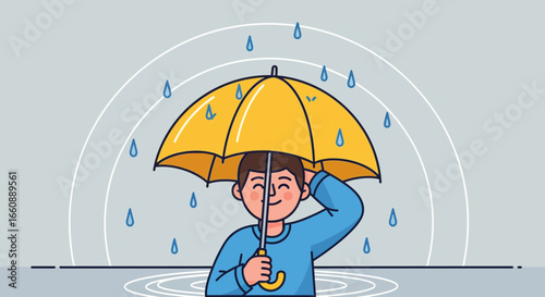 A smiling person stands under a yellow umbrella in the rain, protected from the falling water.