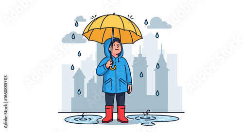 A child in a blue raincoat and red boots shelters under a yellow umbrella, enjoying the rainy weather.