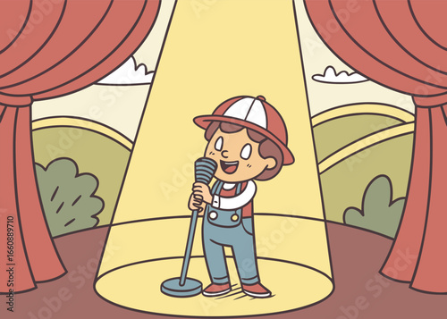 Cartoon vector illustration of a cheerful child singing on stage with a microphone under spotlight.