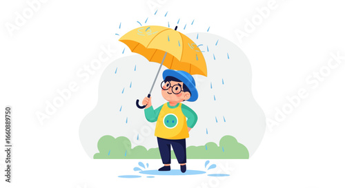 A young boy wearing glasses and a hat stands in the rain holding a yellow umbrella, with puddles and greenery in the background.
