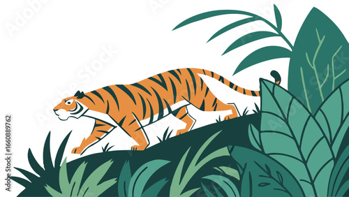 Tiger walking through dense jungle foliage illustration.