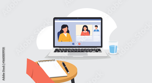 Virtual meeting in progress on laptop, showing two participants and a note pad.