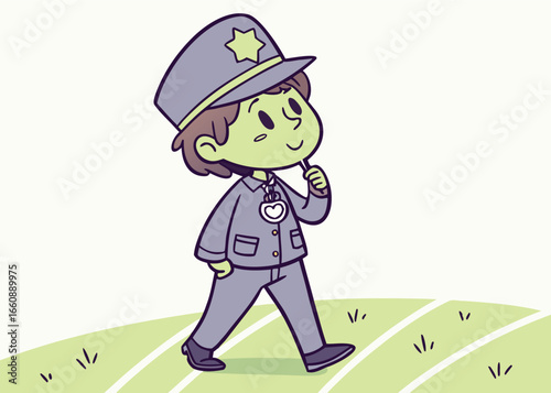Cute vector cartoon of a little police officer in uniform walking. Illustration 