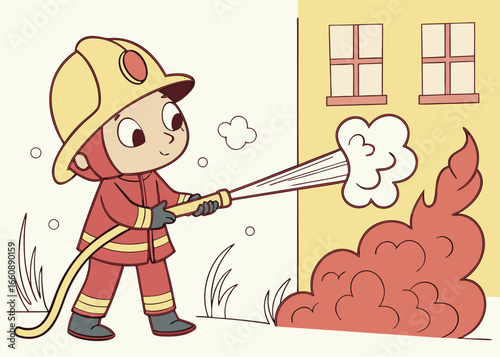 Cute vector cartoon of a little firefighter spraying water to extinguish flames on a building. 